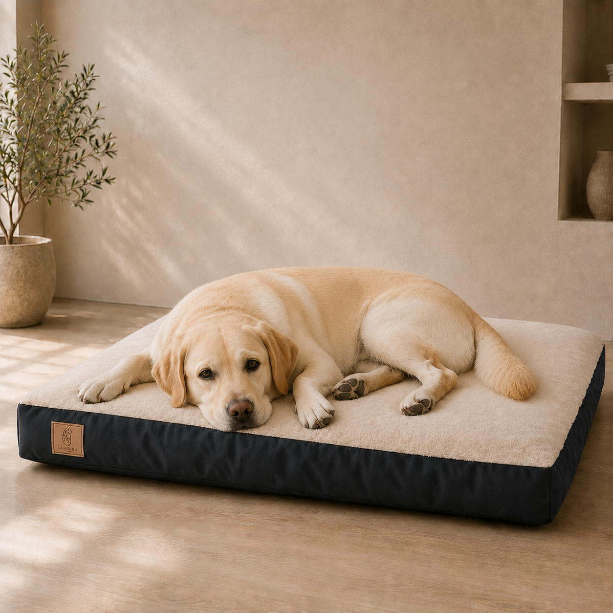 Perro descansando en la cama colchoneta beige